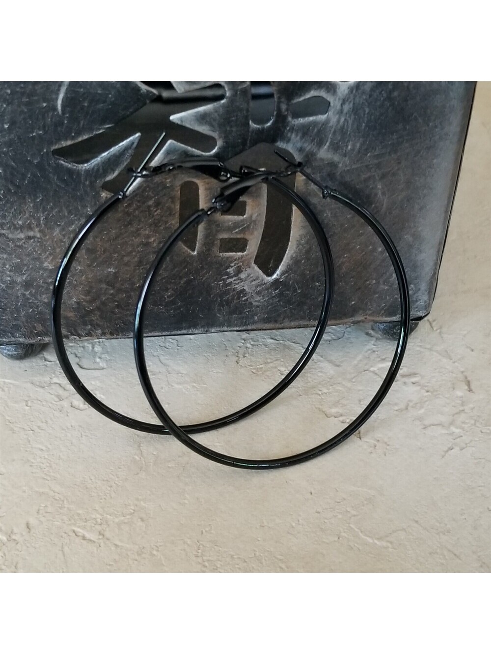 Minimalist Classic Sleek Black Large Hoop Earrings 50mm 2" Leverback